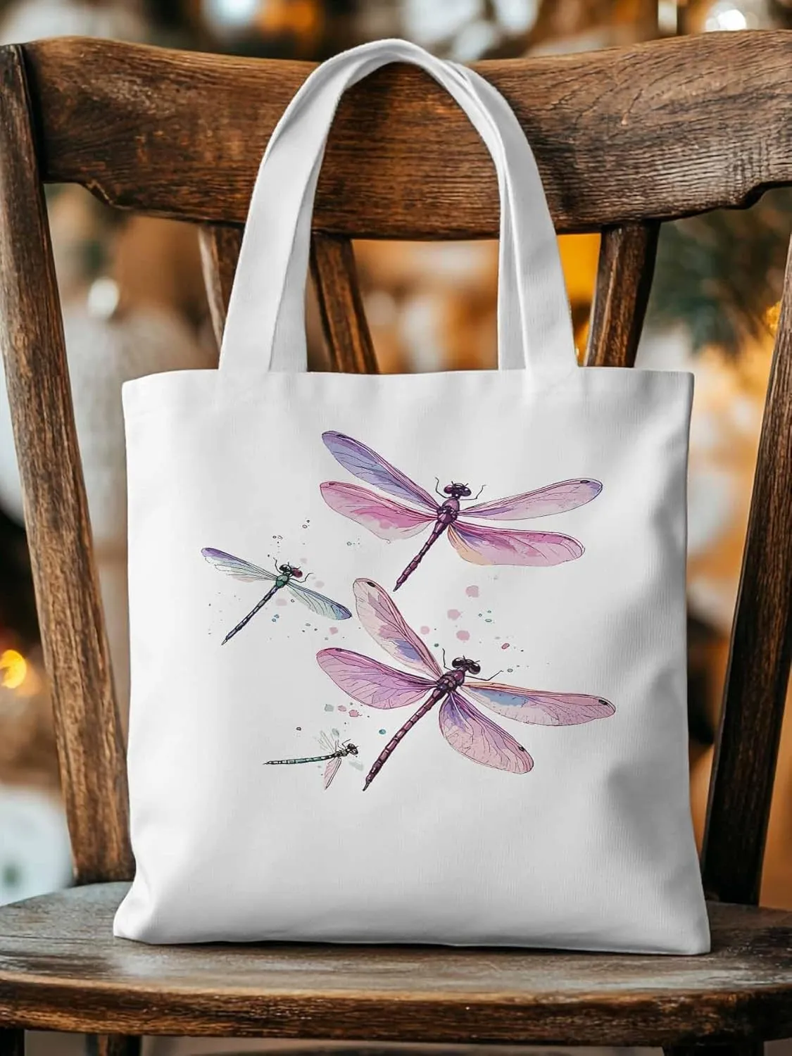 Dragonfly Stained Colorful Dots Canvas Tote Bag, Aesthetic Canvas Tote Handbags for Women Shoulder Bag