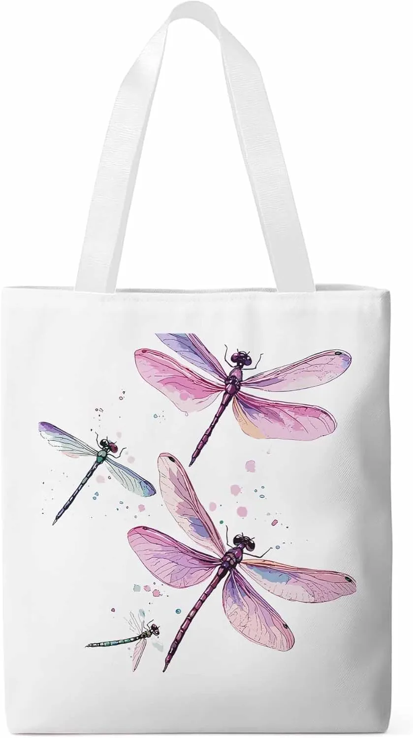 Dragonfly Stained Colorful Dots Canvas Tote Bag, Aesthetic Canvas Tote Handbags for Women Shoulder Bag