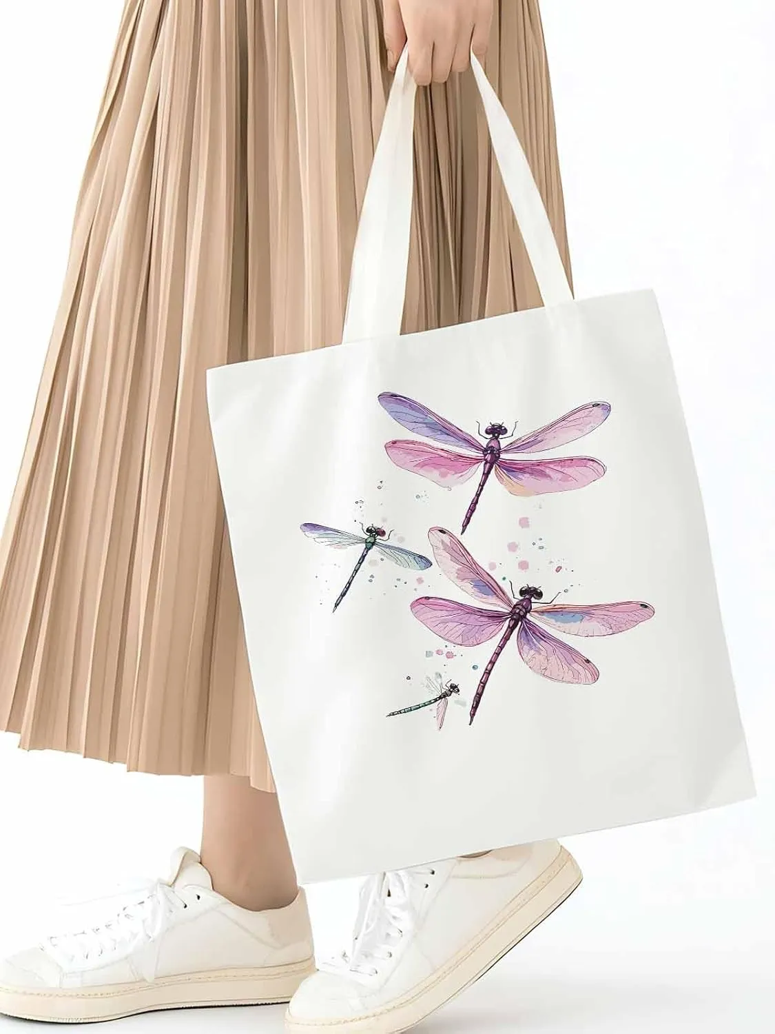 Dragonfly Stained Colorful Dots Canvas Tote Bag, Aesthetic Canvas Tote Handbags for Women Shoulder Bag