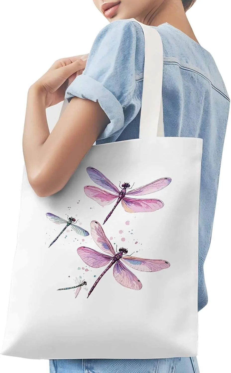 Dragonfly Stained Colorful Dots Canvas Tote Bag, Aesthetic Canvas Tote Handbags for Women Shoulder Bag