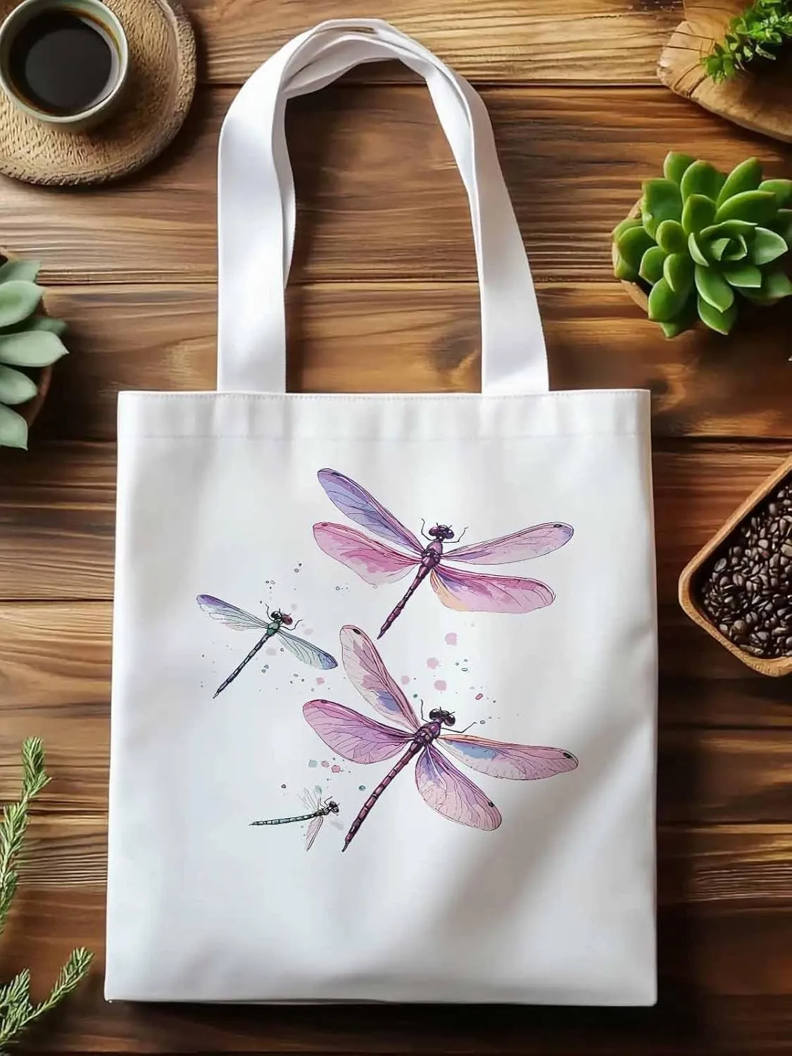 Dragonfly Stained Colorful Dots Canvas Tote Bag, Aesthetic Canvas Tote Handbags for Women Shoulder Bag