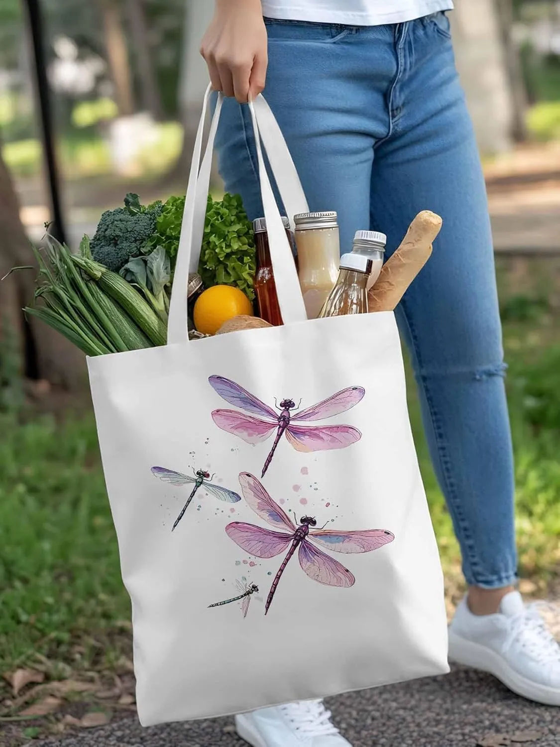Dragonfly Stained Colorful Dots Canvas Tote Bag, Aesthetic Canvas Tote Handbags for Women Shoulder Bag