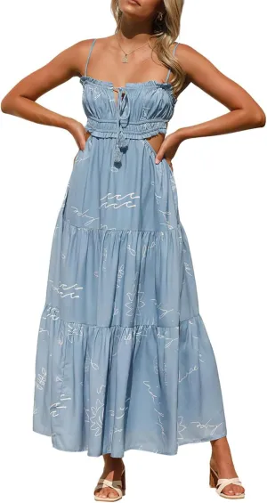 ebossy Women's Cut Out Ruffled Long Boho Dress Sexy Spaghetti Straps Open Back Flowy Sundress