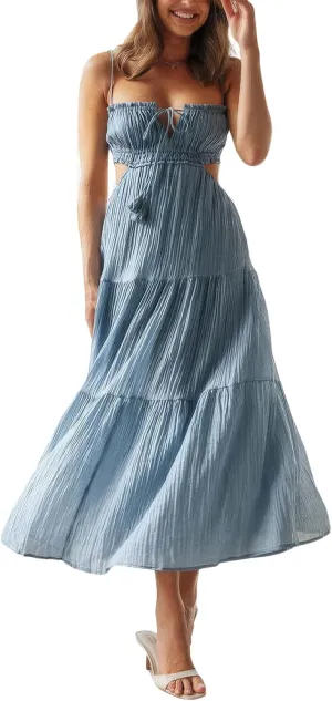 ebossy Women's Cut Out Ruffled Long Boho Dress Sexy Spaghetti Straps Open Back Flowy Sundress