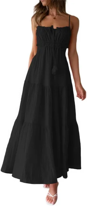 ebossy Women's Cut Out Ruffled Long Boho Dress Sexy Spaghetti Straps Open Back Flowy Sundress