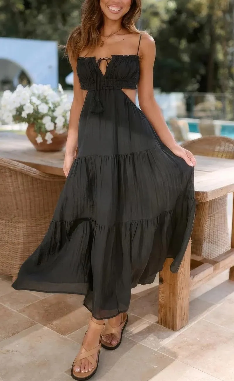 ebossy Women's Cut Out Ruffled Long Boho Dress Sexy Spaghetti Straps Open Back Flowy Sundress