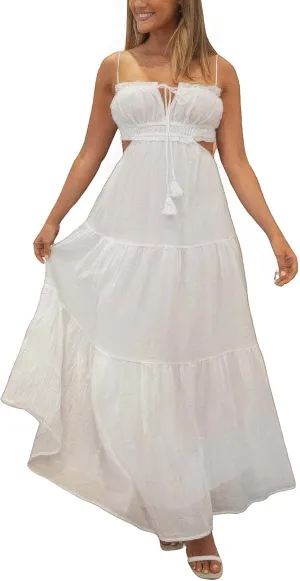 ebossy Women's Cut Out Ruffled Long Boho Dress Sexy Spaghetti Straps Open Back Flowy Sundress