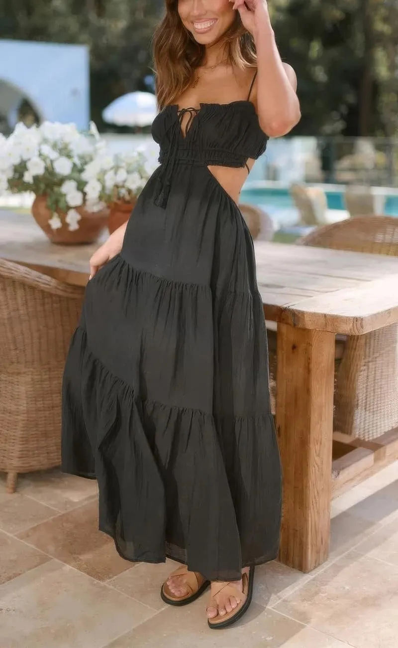 ebossy Women's Cut Out Ruffled Long Boho Dress Sexy Spaghetti Straps Open Back Flowy Sundress