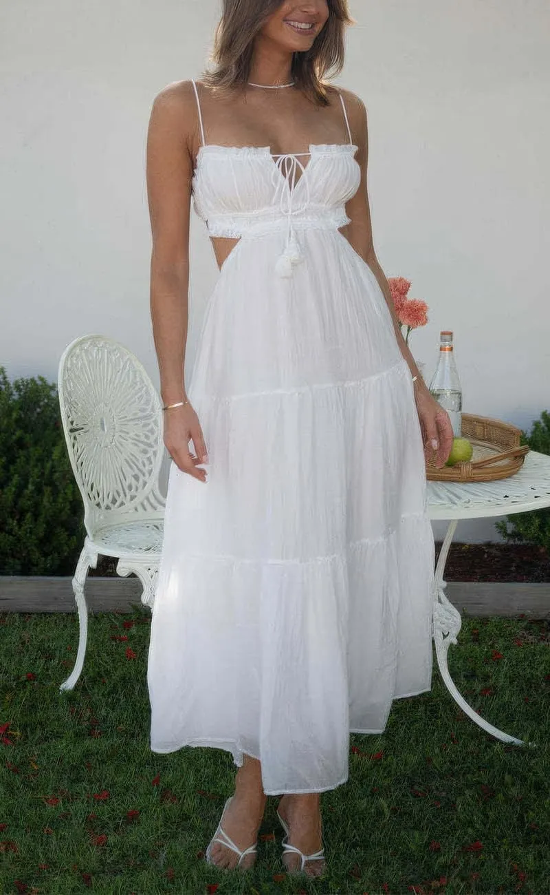 ebossy Women's Cut Out Ruffled Long Boho Dress Sexy Spaghetti Straps Open Back Flowy Sundress