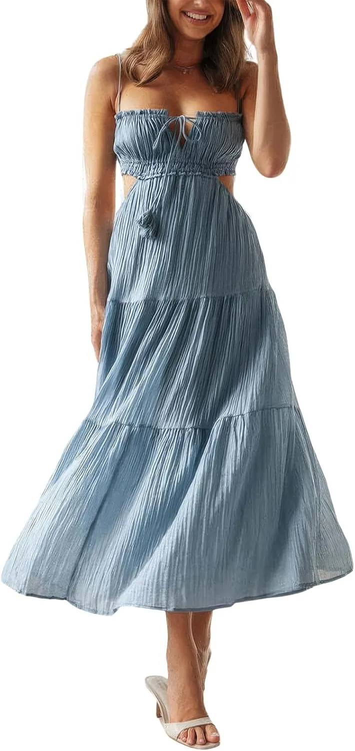 ebossy Women's Cut Out Ruffled Long Boho Dress Sexy Spaghetti Straps Open Back Flowy Sundress