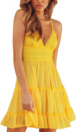 ebossy Women's Sexy Boho V Neck Sleeveless Backless Lace Swing Mini Dress Spaghetti Straps Beach Vacation Sundress