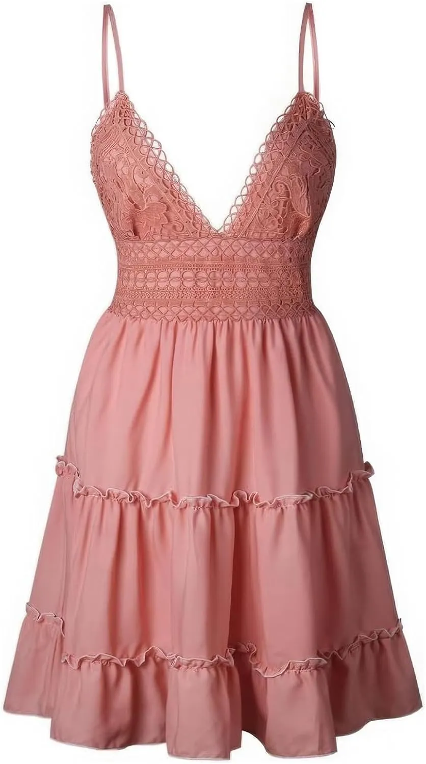 ebossy Women's Sexy Boho V Neck Sleeveless Backless Lace Swing Mini Dress Spaghetti Straps Beach Vacation Sundress