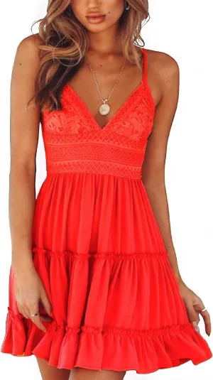 ebossy Women's Sexy Boho V Neck Sleeveless Backless Lace Swing Mini Dress Spaghetti Straps Beach Vacation Sundress