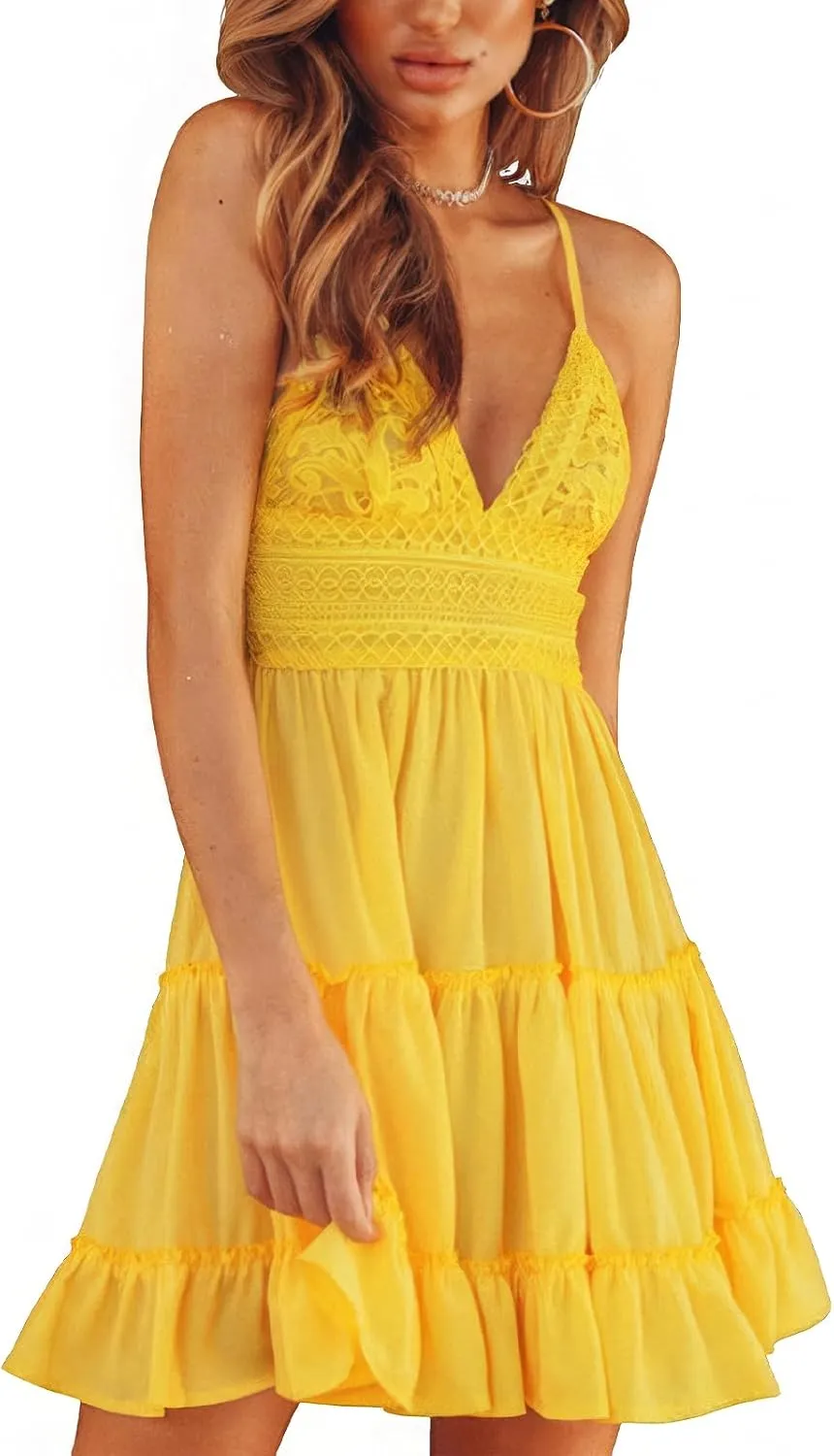 ebossy Women's Sexy Boho V Neck Sleeveless Backless Lace Swing Mini Dress Spaghetti Straps Beach Vacation Sundress