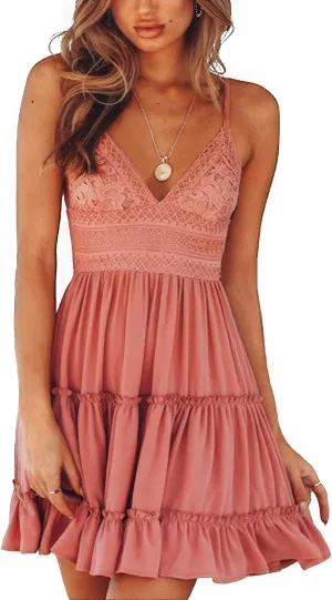 ebossy Women's Sexy Boho V Neck Sleeveless Backless Lace Swing Mini Dress Spaghetti Straps Beach Vacation Sundress