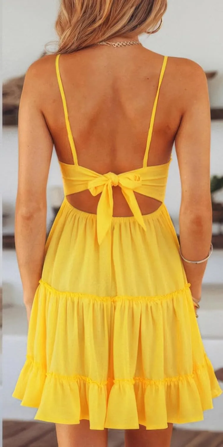 ebossy Women's Sexy Boho V Neck Sleeveless Backless Lace Swing Mini Dress Spaghetti Straps Beach Vacation Sundress