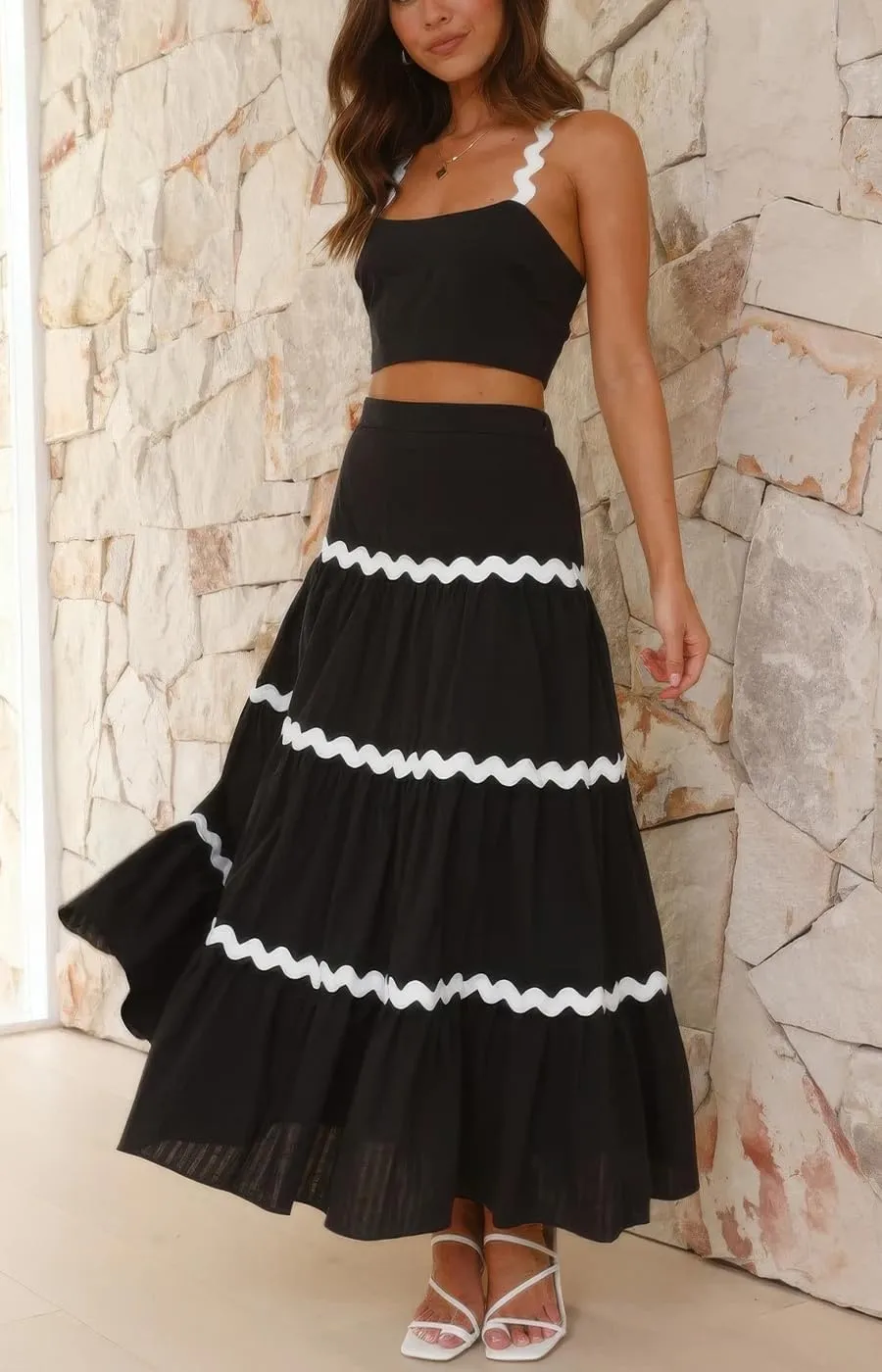 ebossy Women's Summer 2 Piece Dress Ricrac Smocked Cami Crop Top Boho Elastic Waist Tiered Flowy A-line Long Skirt Sets
