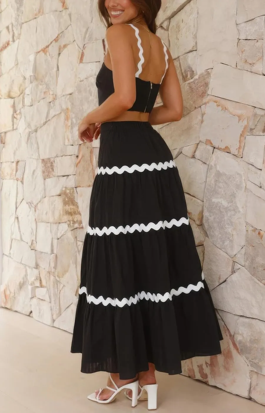 ebossy Women's Summer 2 Piece Dress Ricrac Smocked Cami Crop Top Boho Elastic Waist Tiered Flowy A-line Long Skirt Sets