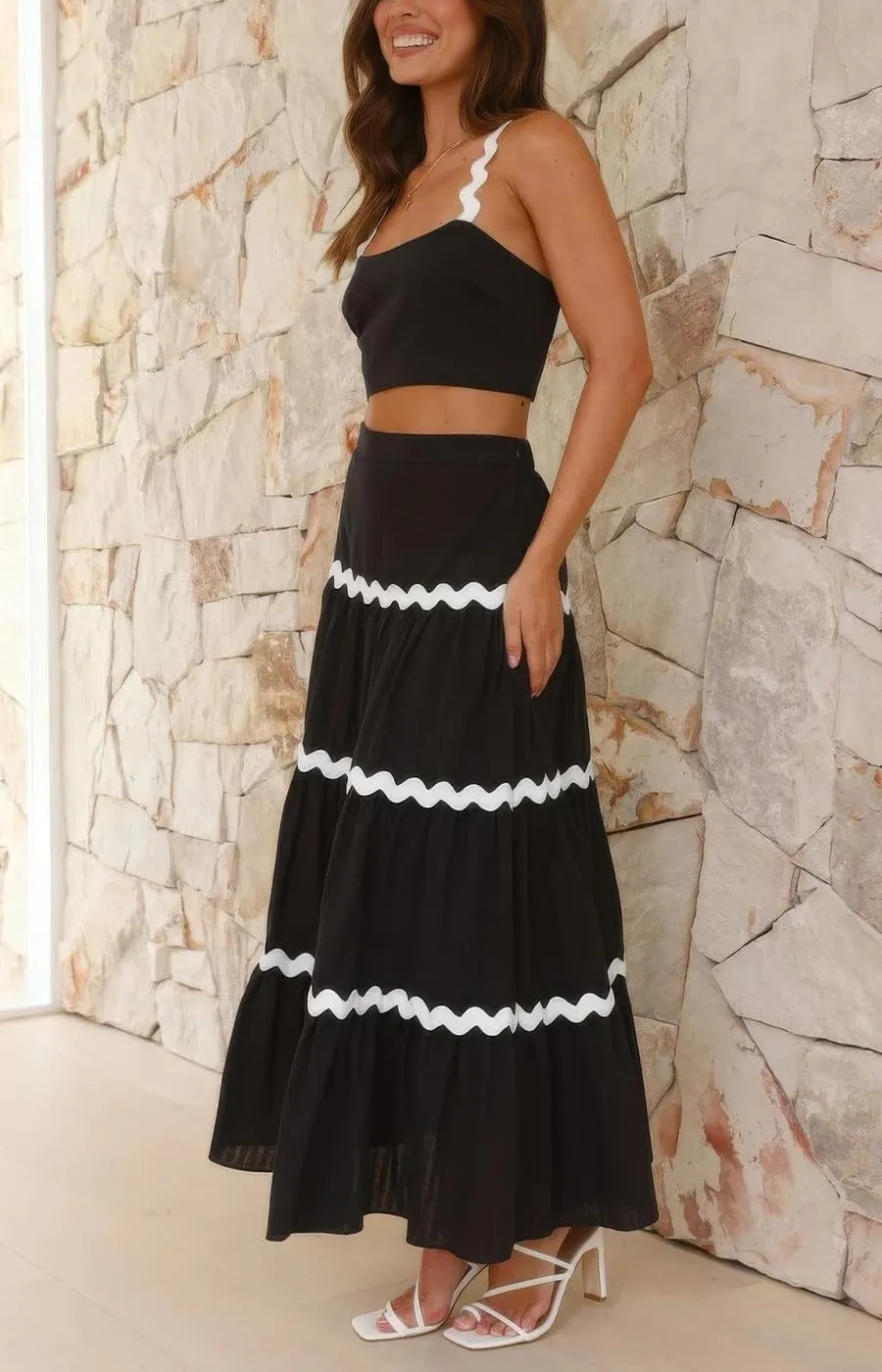 ebossy Women's Summer 2 Piece Dress Ricrac Smocked Cami Crop Top Boho Elastic Waist Tiered Flowy A-line Long Skirt Sets