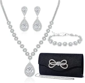 Elegant Event Bundle: Shiny Crystal Bow Evening Clutch Silver Teardrop Rhinestone Jewelry Set for Brides, Bridesmaids, Weddings, Proms, and Formal Events