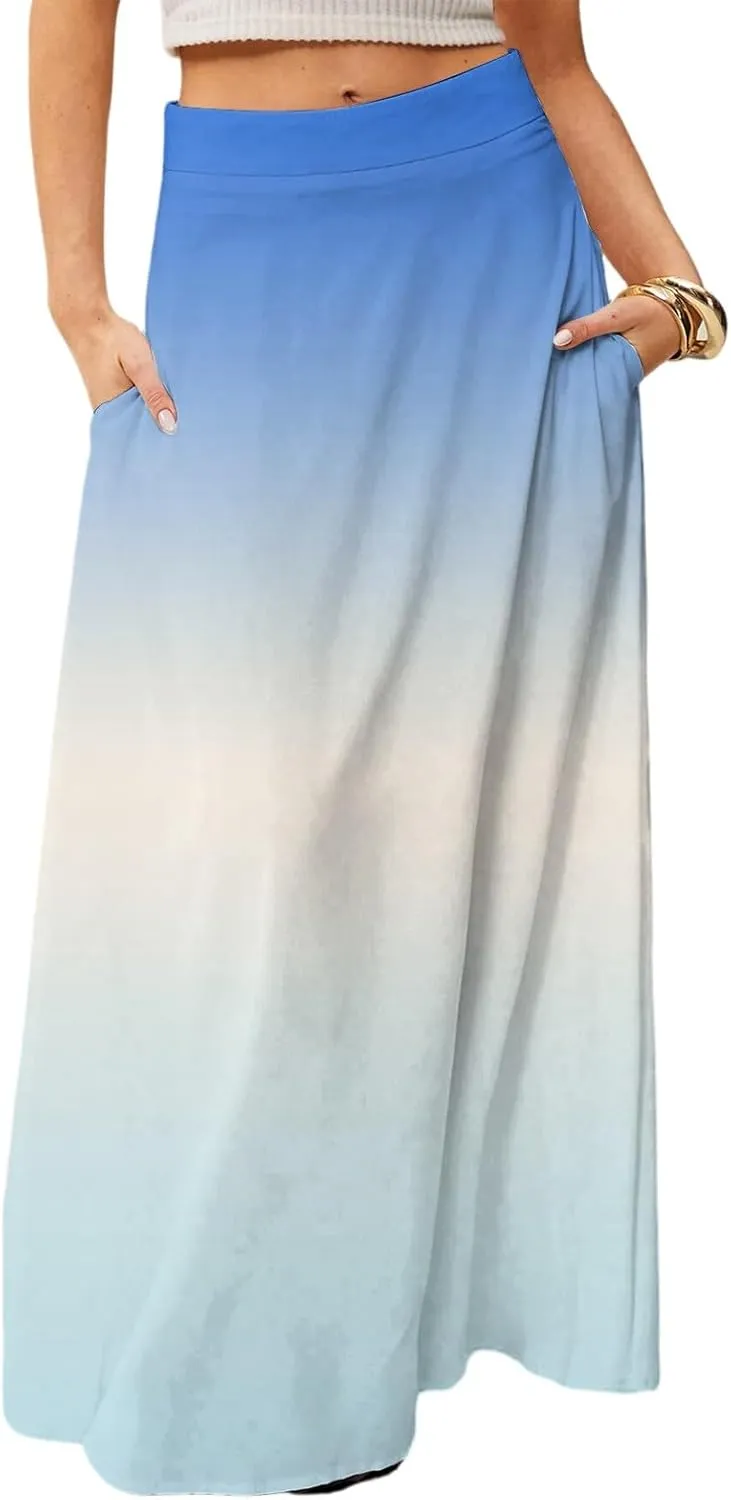 fanmpghleoo Summer Skirts for Women 2025 Boho Elastic High Waisted Maxi Skirt Flowy Vacation Beach Long Skirt with Pockets