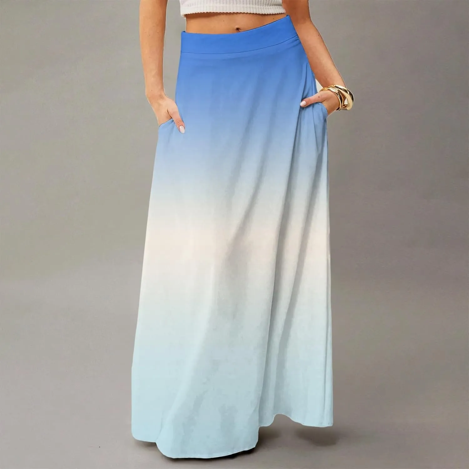 fanmpghleoo Summer Skirts for Women 2025 Boho Elastic High Waisted Maxi Skirt Flowy Vacation Beach Long Skirt with Pockets
