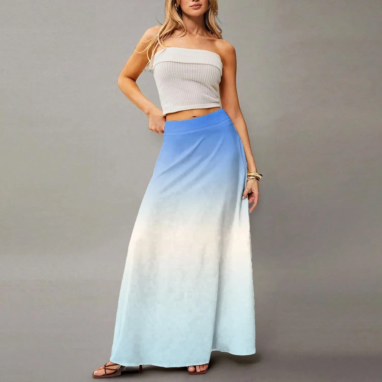 fanmpghleoo Summer Skirts for Women 2025 Boho Elastic High Waisted Maxi Skirt Flowy Vacation Beach Long Skirt with Pockets