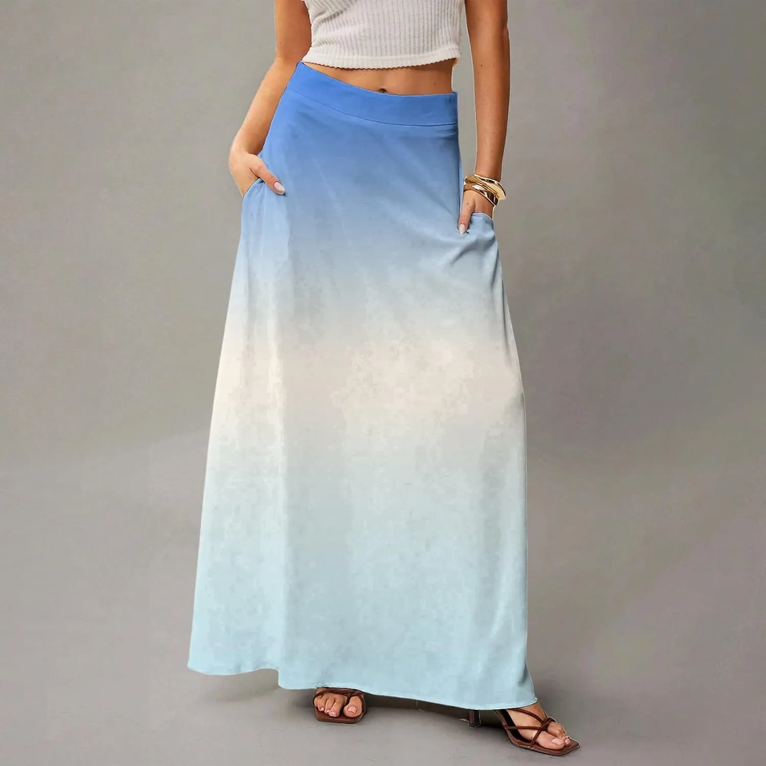 fanmpghleoo Summer Skirts for Women 2025 Boho Elastic High Waisted Maxi Skirt Flowy Vacation Beach Long Skirt with Pockets