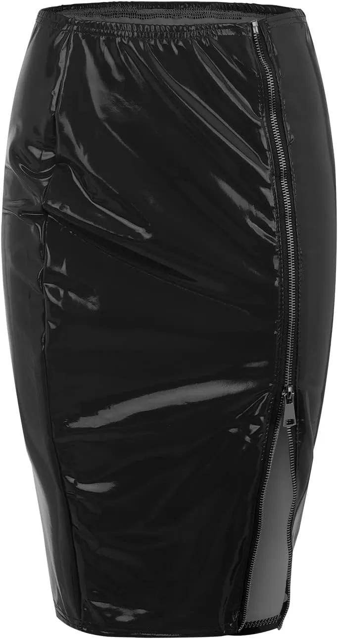 Faux Leather Pencil Skirt High Waist Split Lady's Half Body Midi Hip Skirt Women Shiny Liquid Metallic Wet Look Skirt