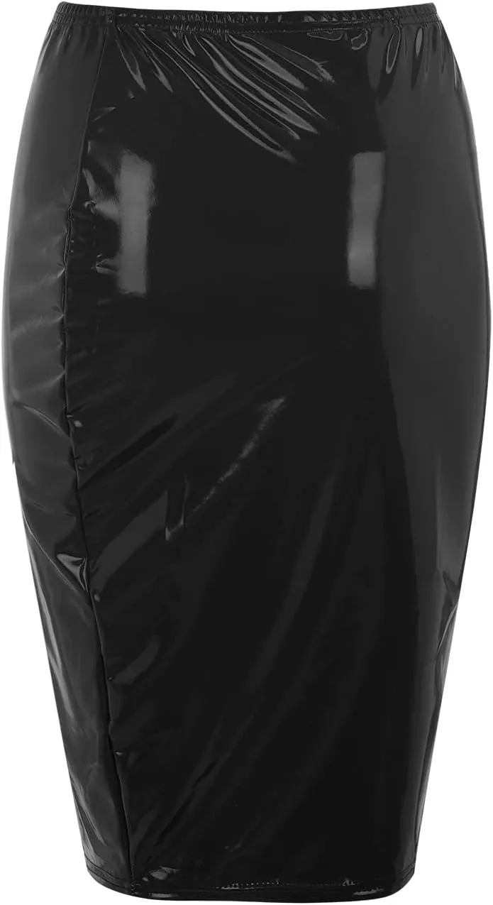 Faux Leather Pencil Skirt High Waist Split Lady's Half Body Midi Hip Skirt Women Shiny Liquid Metallic Wet Look Skirt