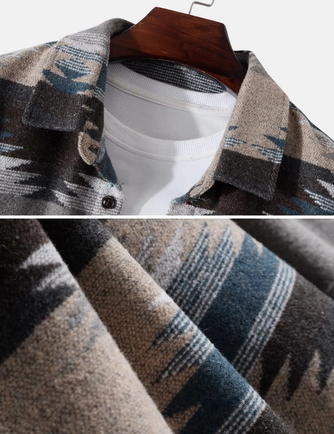 FindThy Mens Brushed Flannel Shirts Ethnic Aztec Print Button Up Lapel Tribal Shirt Jacket Shacket
