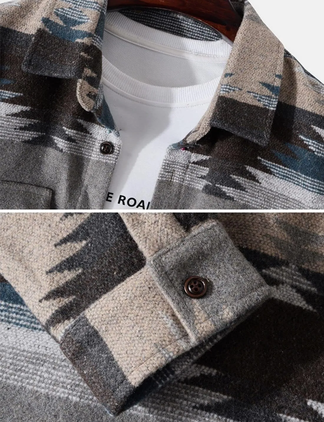 FindThy Mens Brushed Flannel Shirts Ethnic Aztec Print Button Up Lapel Tribal Shirt Jacket Shacket