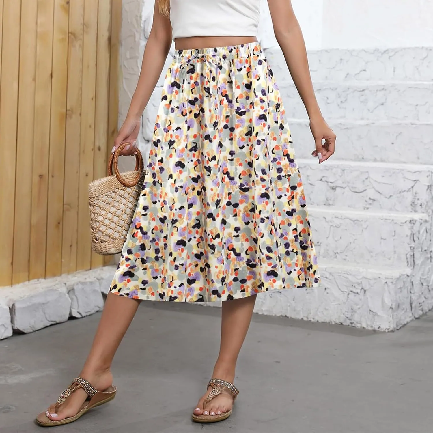 Floral Midi Skirt Women Flowy Elastic High Waisted Ladies Drawstring Dressy Casual Beach Boho Skirt 2025