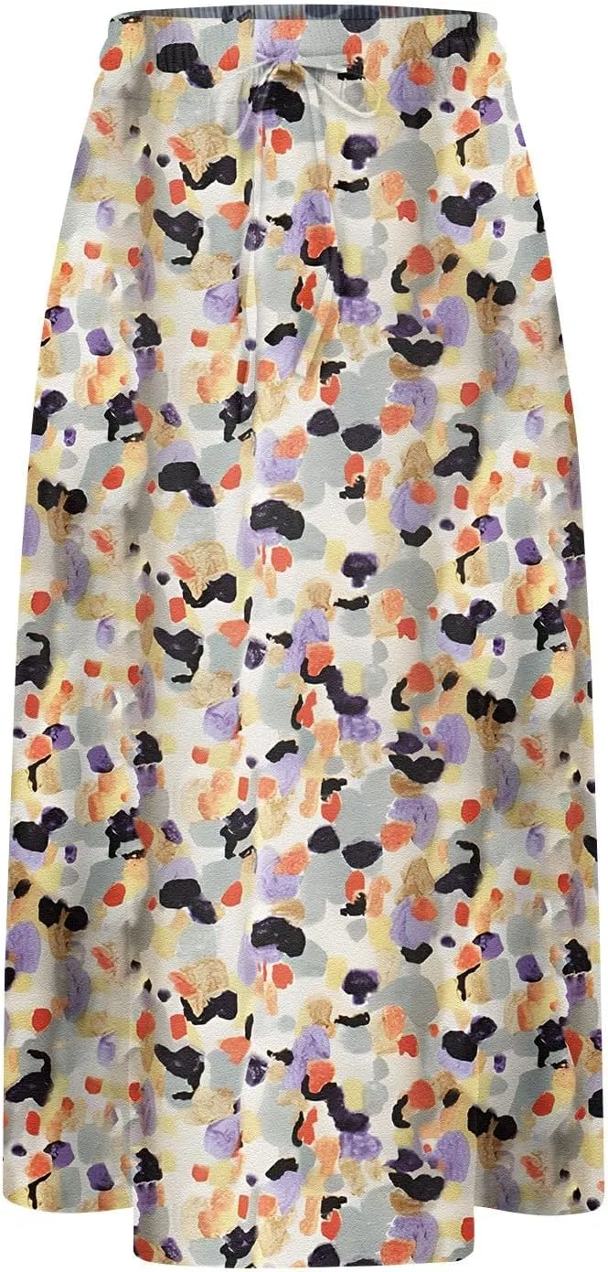 Floral Midi Skirt Women Flowy Elastic High Waisted Ladies Drawstring Dressy Casual Beach Boho Skirt 2025