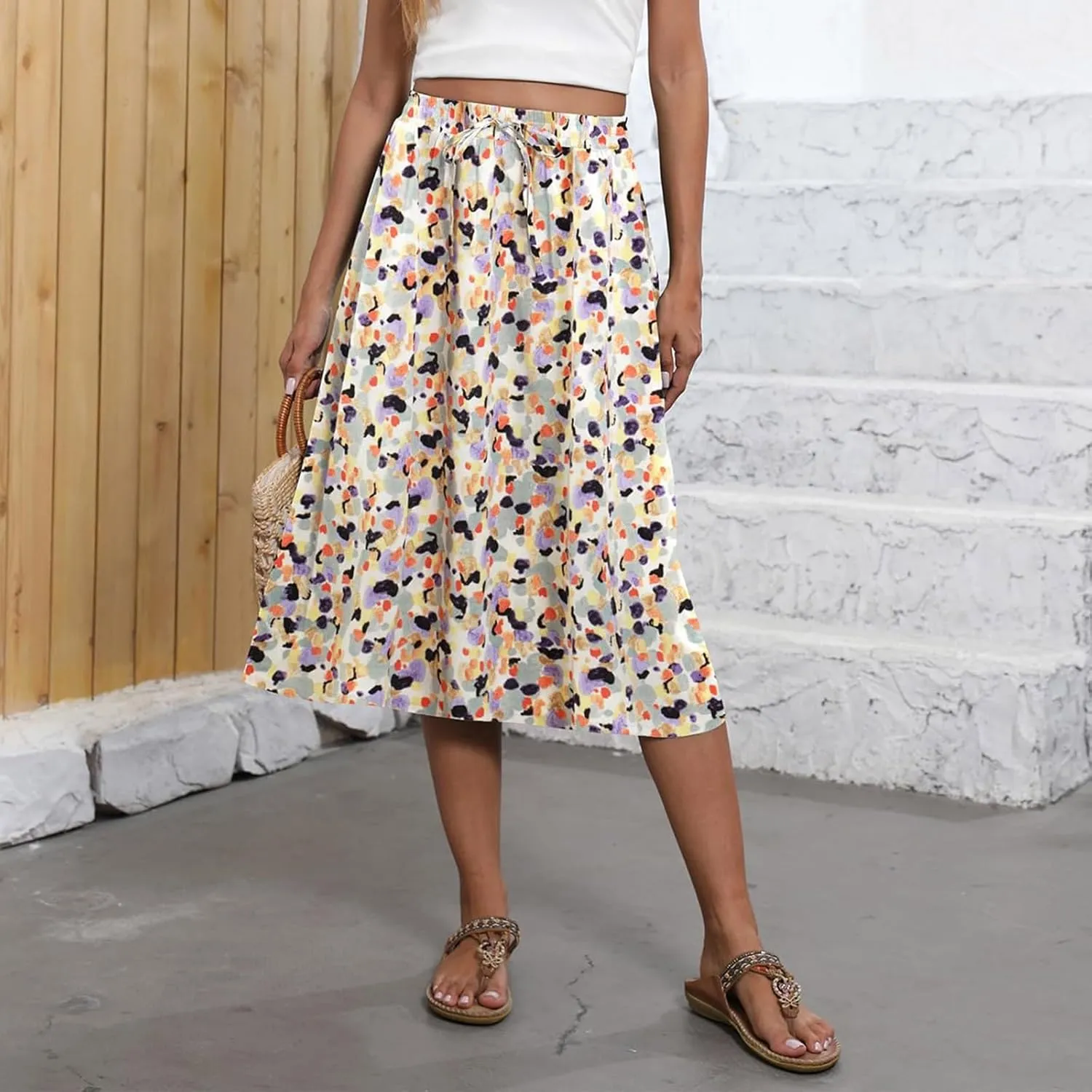 Floral Midi Skirt Women Flowy Elastic High Waisted Ladies Drawstring Dressy Casual Beach Boho Skirt 2025