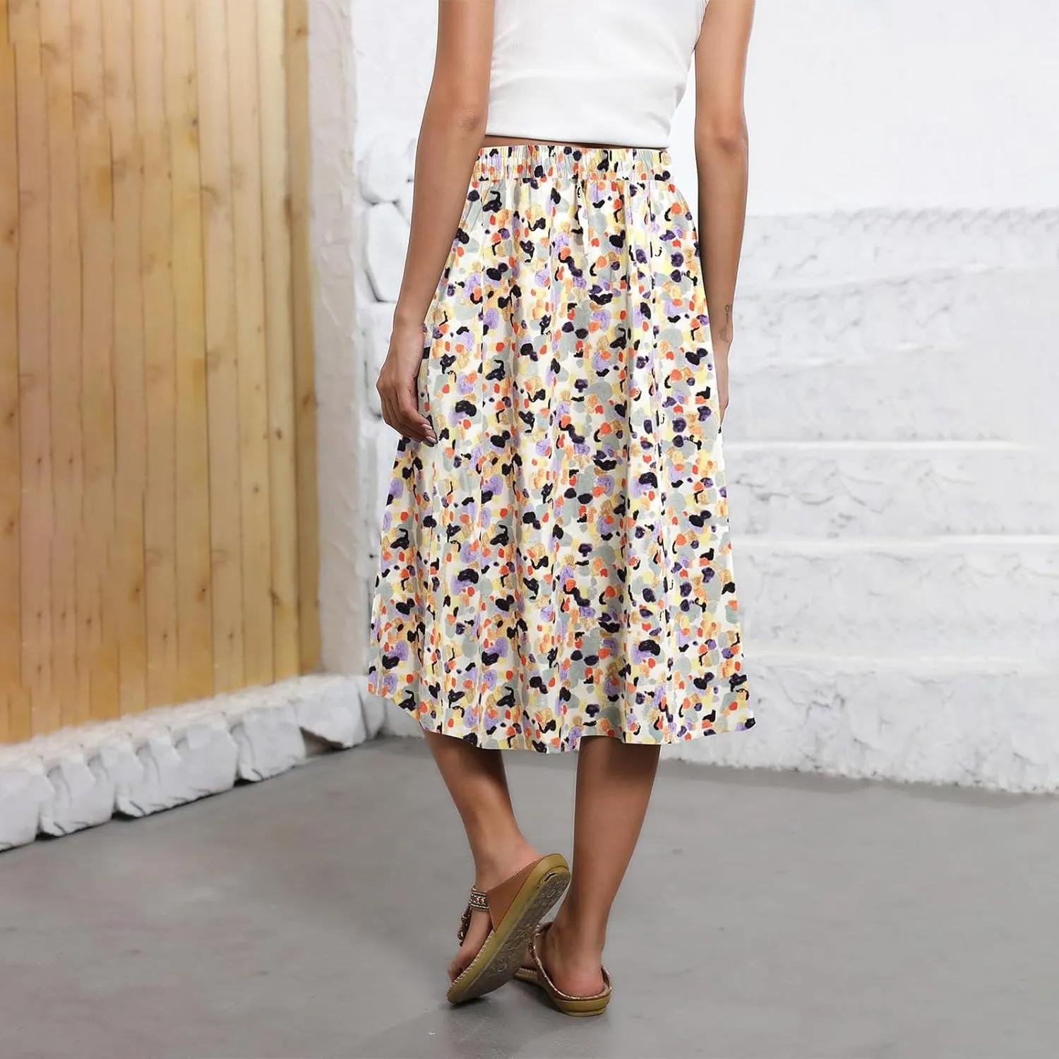 Floral Midi Skirt Women Flowy Elastic High Waisted Ladies Drawstring Dressy Casual Beach Boho Skirt 2025