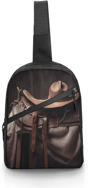 Folding Chest Bags Men's Women's Small Crossbody Bags Day Backpacks Single Shoulder Handbags Horse Saddle with A Cowboy Hat Printed Chest Bags Suitable for Hiking Walking Cycling Travel Cycling
