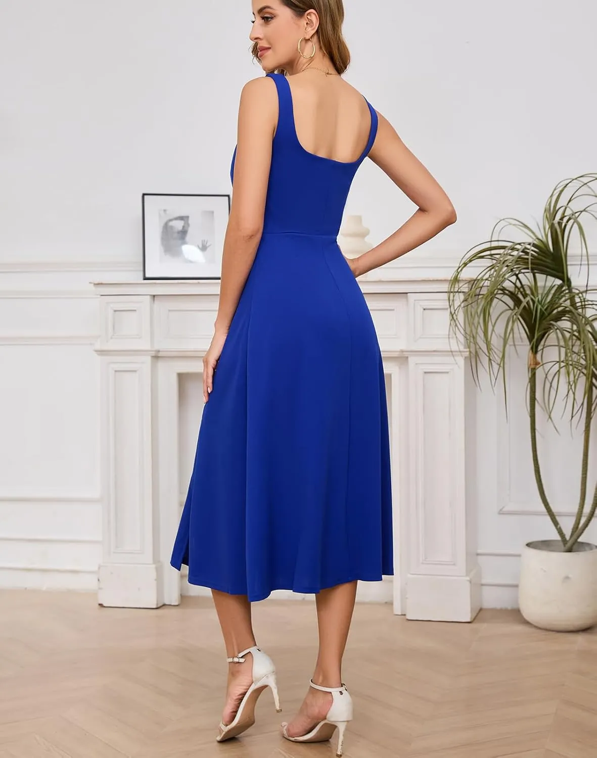 Gardenwed Womens Long Cocktail Dress Sleeveless Square Neck Summer Formal Wedding Guest Bridesmaid Swing Split Dresses