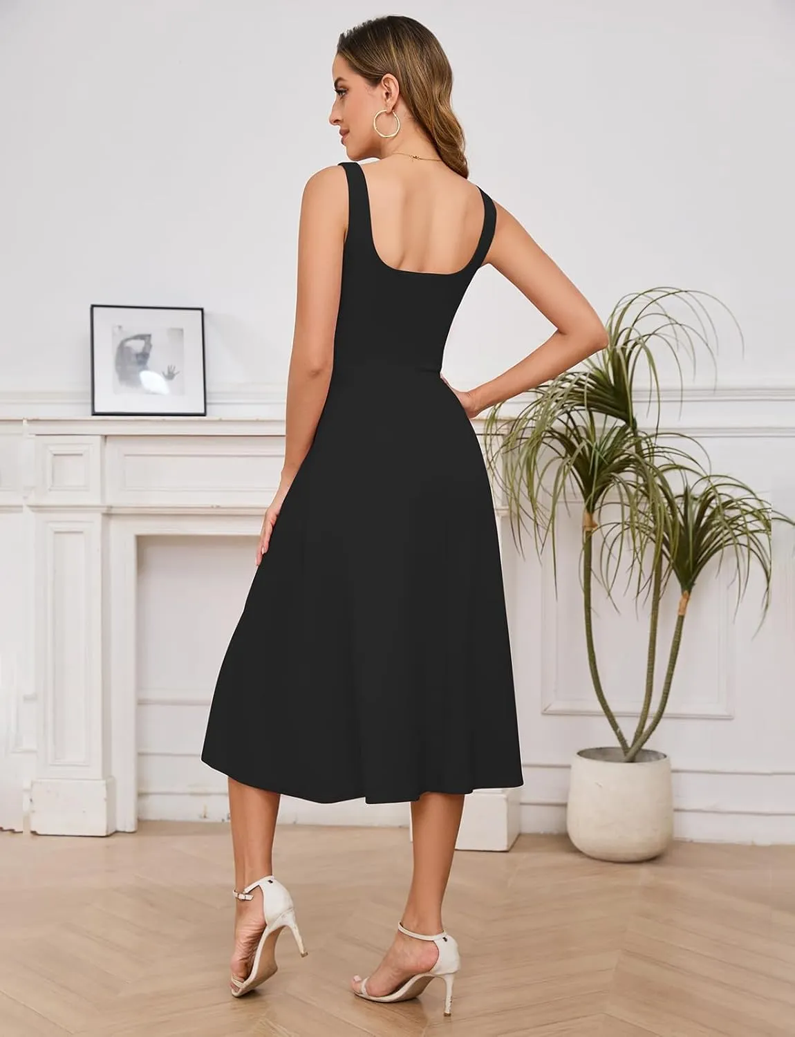 Gardenwed Womens Long Cocktail Dress Sleeveless Square Neck Summer Formal Wedding Guest Bridesmaid Swing Split Dresses