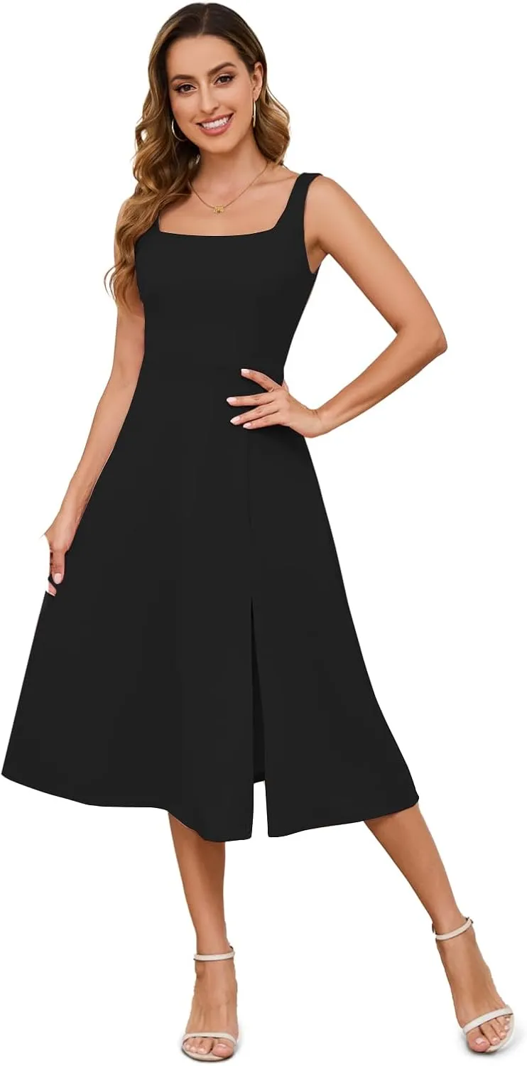 Gardenwed Womens Long Cocktail Dress Sleeveless Square Neck Summer Formal Wedding Guest Bridesmaid Swing Split Dresses