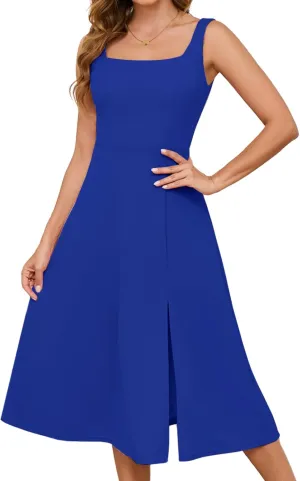 Gardenwed Womens Long Cocktail Dress Sleeveless Square Neck Summer Formal Wedding Guest Bridesmaid Swing Split Dresses
