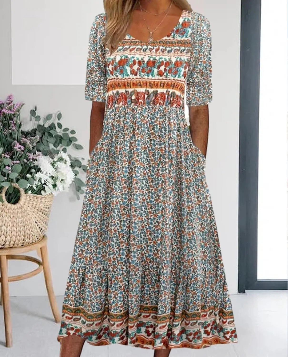 Geleglaer Boho Dress for Women Floral Print Short Sleeve Midi Dress Casual Pleat Flowy Beach Dress with Pockets Summer 2024
