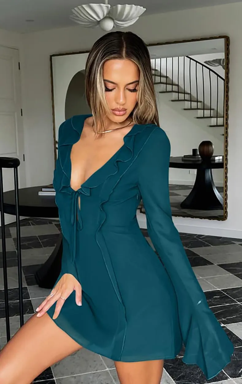 GOBLES Women's Sexy Long Flare Sleeve Chiffon Ruffle Deep Tie V Neck Bodycon Mini Party Dress