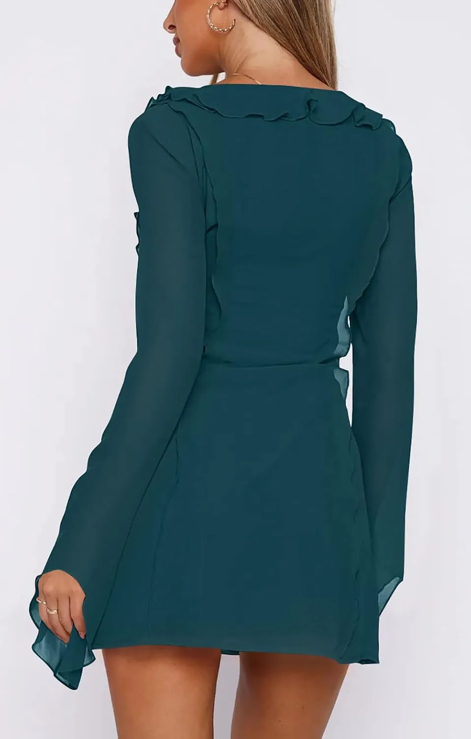 GOBLES Women's Sexy Long Flare Sleeve Chiffon Ruffle Deep Tie V Neck Bodycon Mini Party Dress