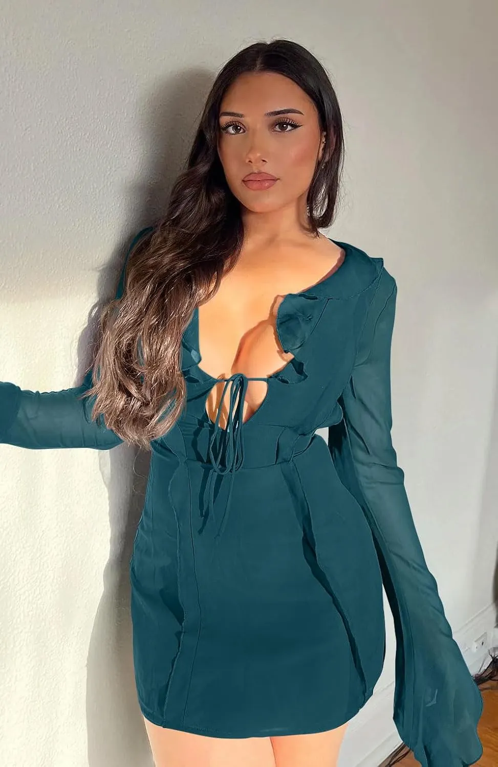 GOBLES Women's Sexy Long Flare Sleeve Chiffon Ruffle Deep Tie V Neck Bodycon Mini Party Dress