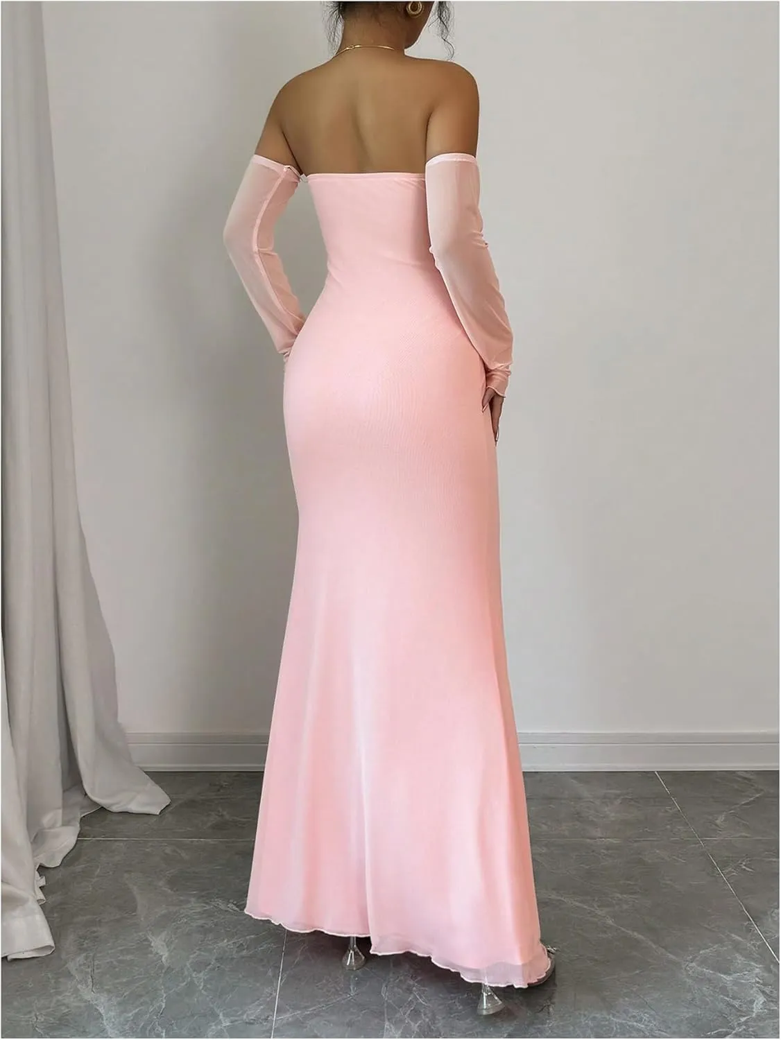 GORGLITTER Women's Strapless Mesh Bodycon Fishtail Dress Sleeveless Bodycon Wedding Guest Long Dresses with Arm Sleeves