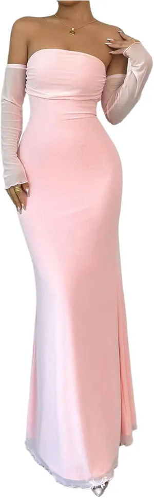 GORGLITTER Women's Strapless Mesh Bodycon Fishtail Dress Sleeveless Bodycon Wedding Guest Long Dresses with Arm Sleeves