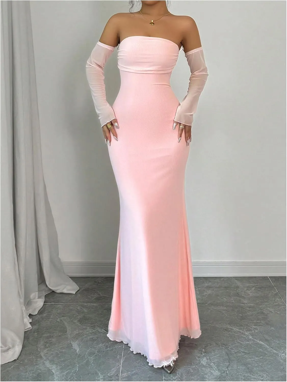 GORGLITTER Women's Strapless Mesh Bodycon Fishtail Dress Sleeveless Bodycon Wedding Guest Long Dresses with Arm Sleeves