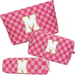 Graduation Gifts for Her,3 Pieces Checkered Makeup Bag Personalized Initial Make Up Bag Cute Storage Pouch Travel Toiletry Cosmetic Bag Teacher Birthday Gifts for Women (Rose Red-M)