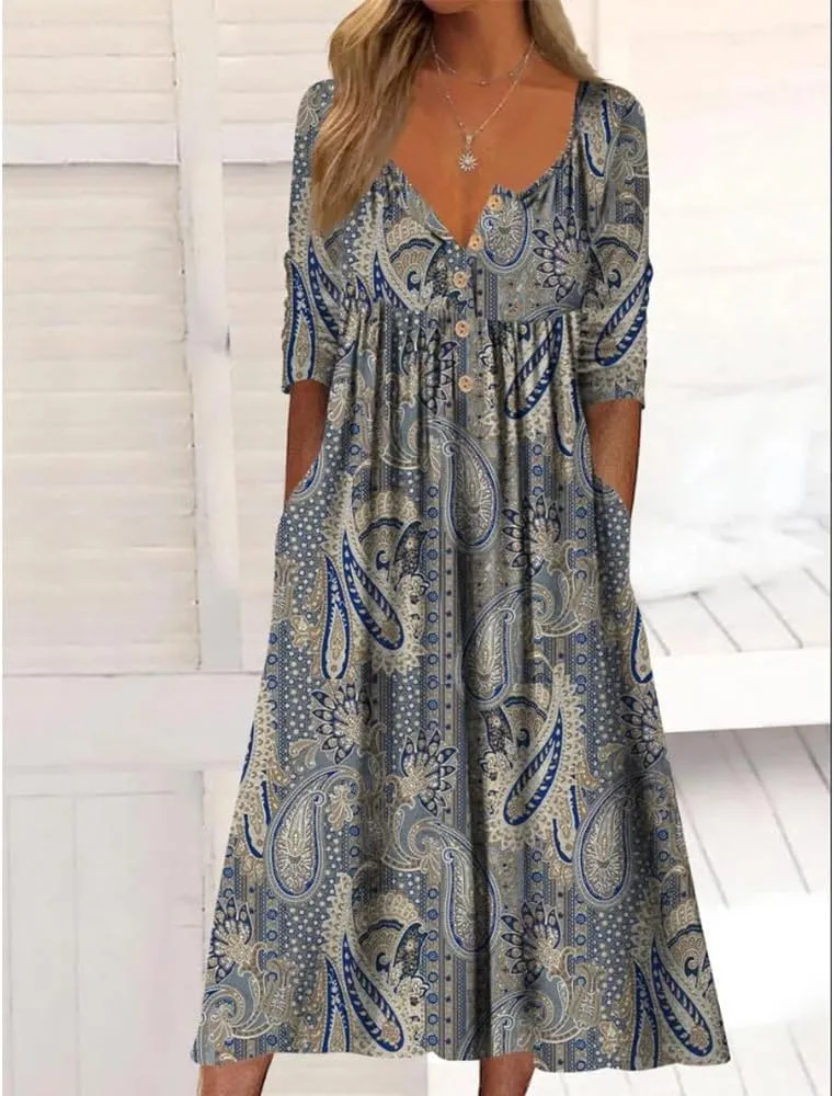 Guteidee Women's Boho Floral Long Sleeve Midi Dress Casual Loose Flowy Vacation Dresses with Pockets